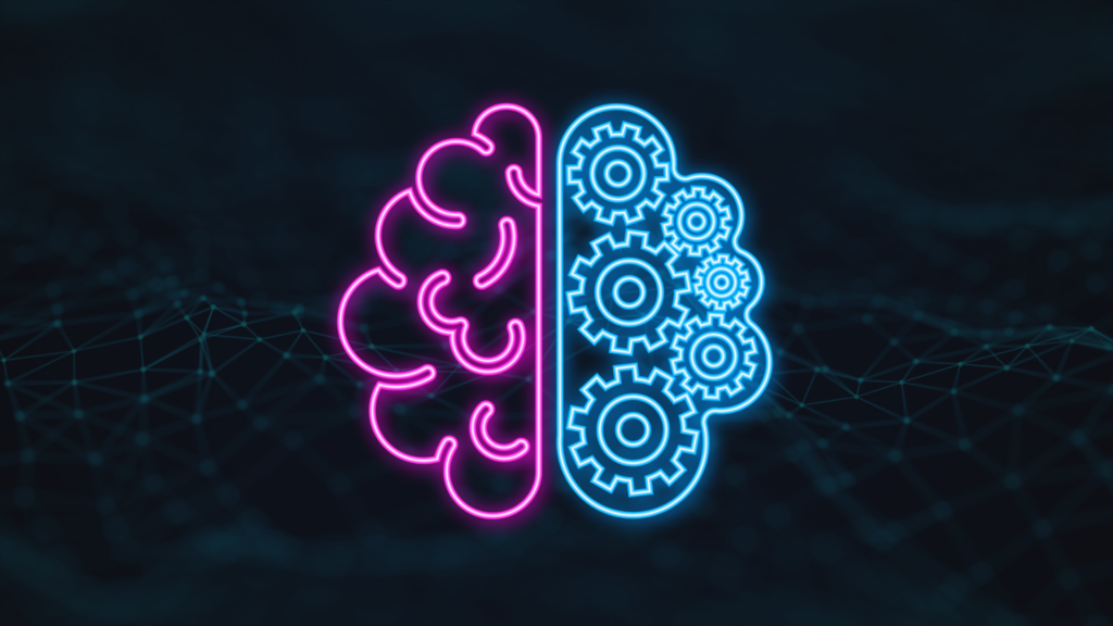 graphic of a human brain combined with AI to depict the synergy of humans and AI in speech analytics