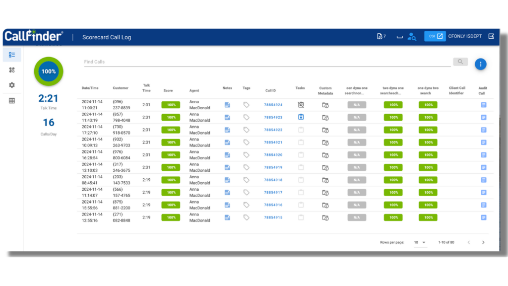 screenshot of agent call log with view of task list